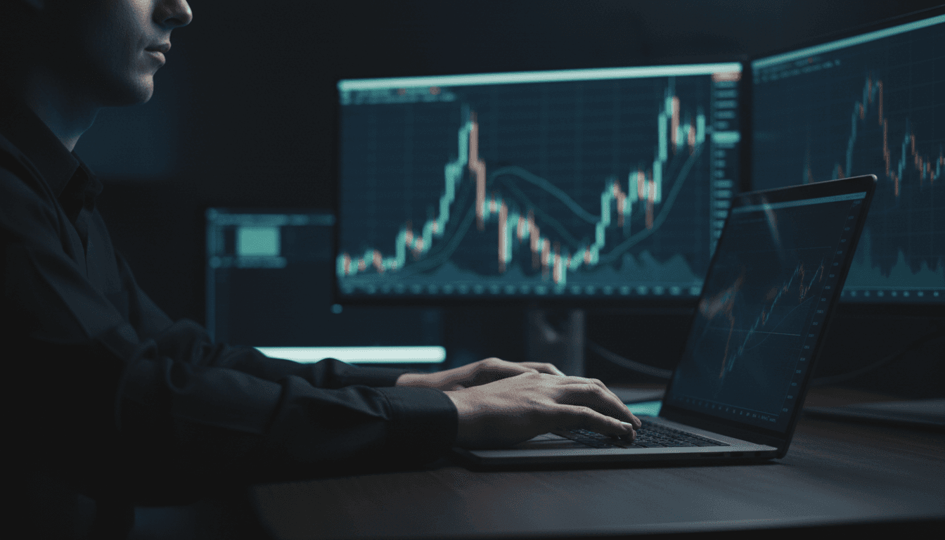 Trader executing strategy on laptop with market charts