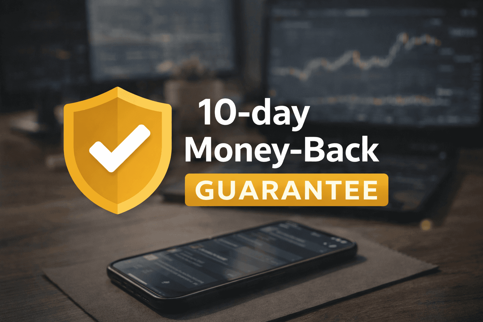 Yellow shield icon and 10-day money-back guarantee text over a blurred stock market trading desk.